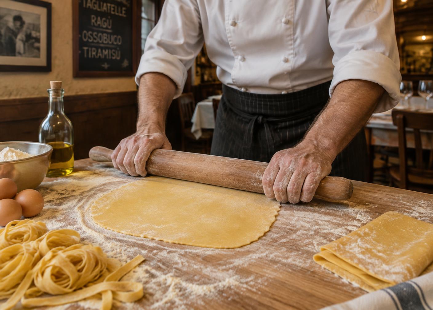Pasta fresca tirata a mano nella cucina della trattoria