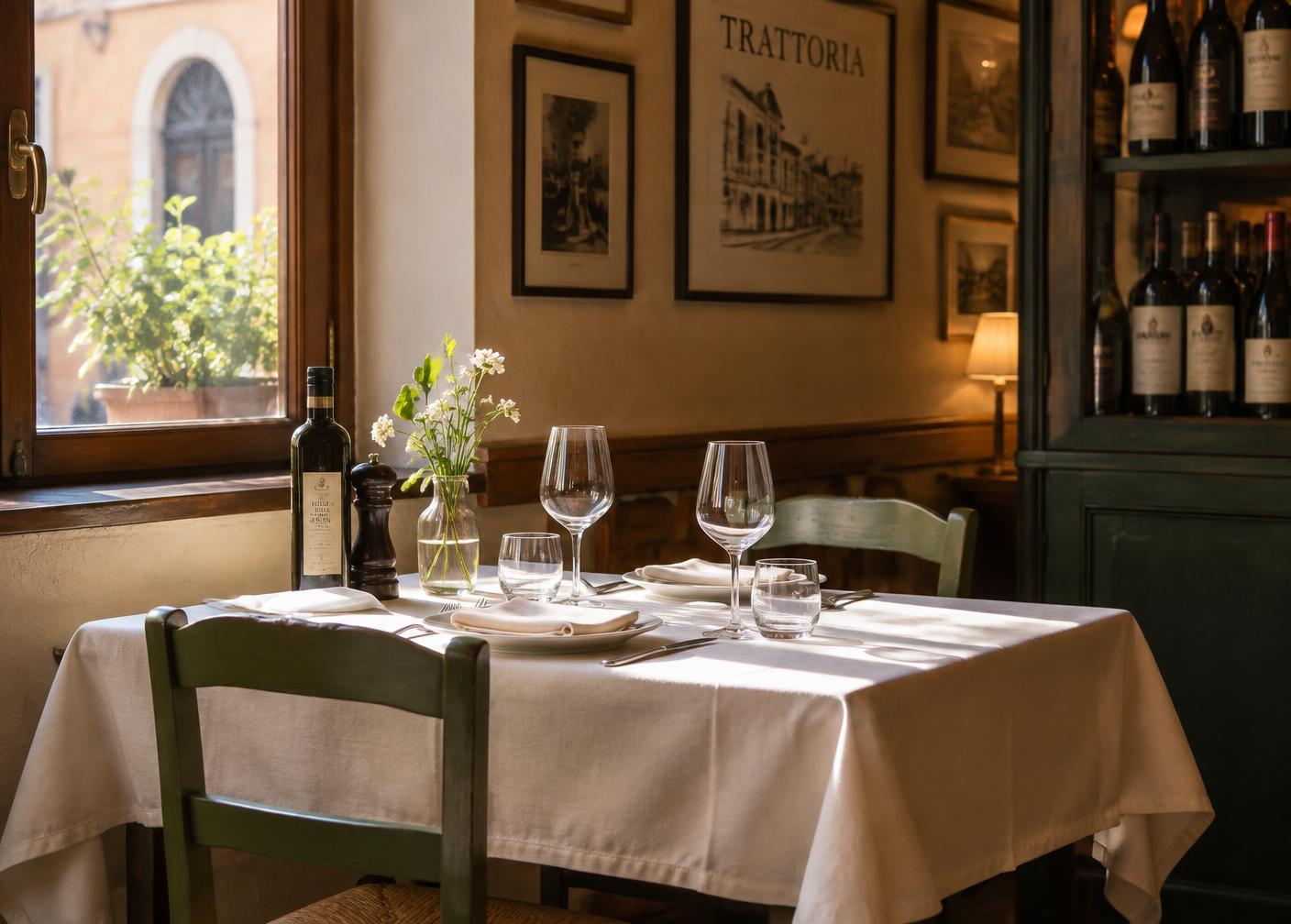 Tavolo apparecchiato nella sala della trattoria